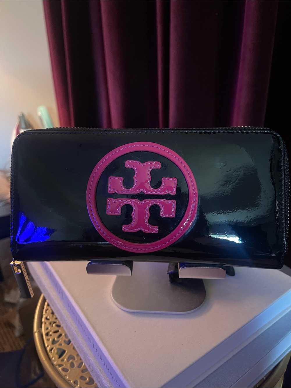Tory Burch Black Patent Zip-Around Wallet with Pink Logo